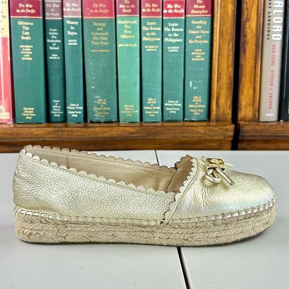Kate Spade Gold Platform Bow Logo Leather Espadrille Sz 7.5 EUC MSRP $198 - Picture 2 of 8